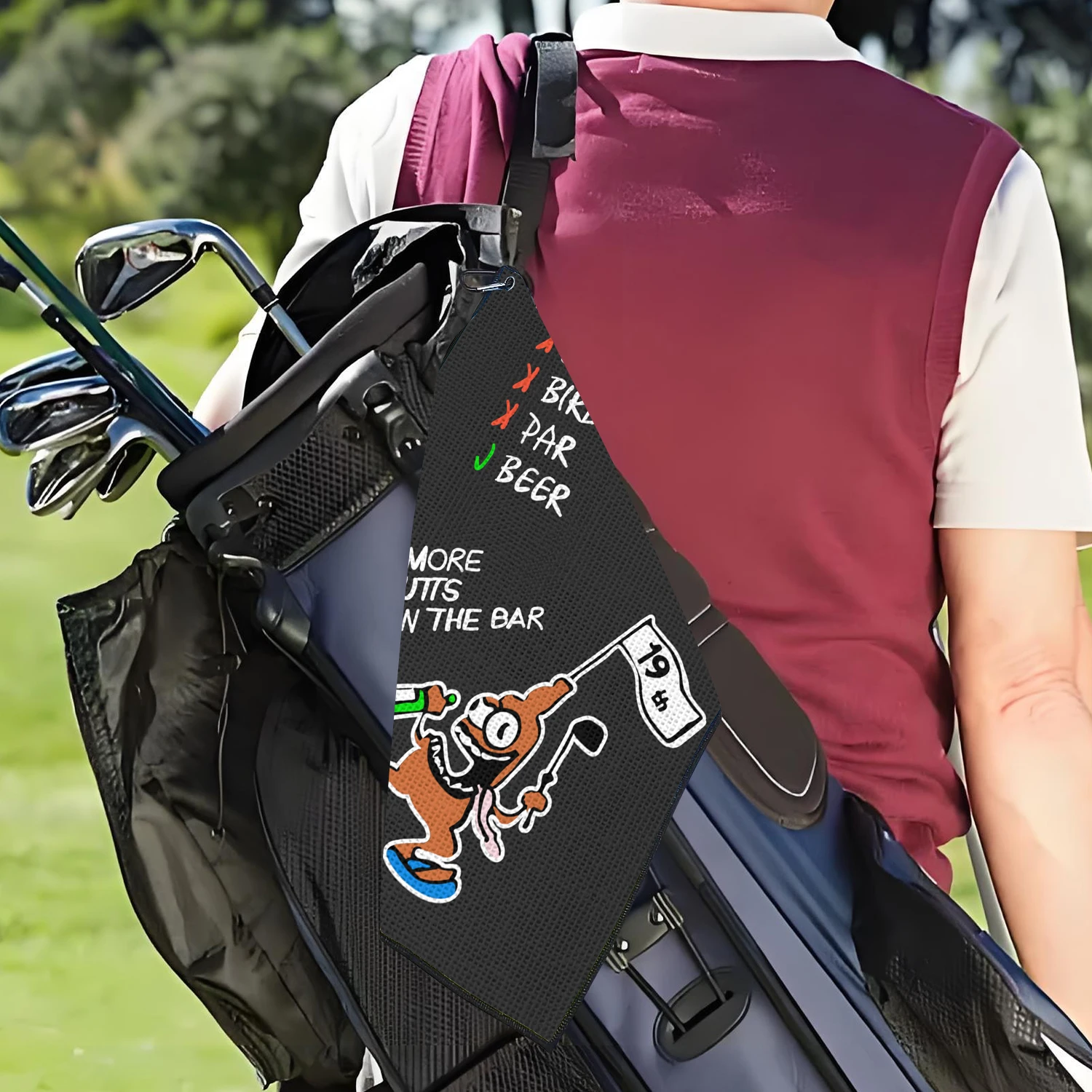 1pc Black Golf Towel, Funny Cartoon Print, Absorbent Cleaning Towel, Golf Accessories Gift for Men and Women