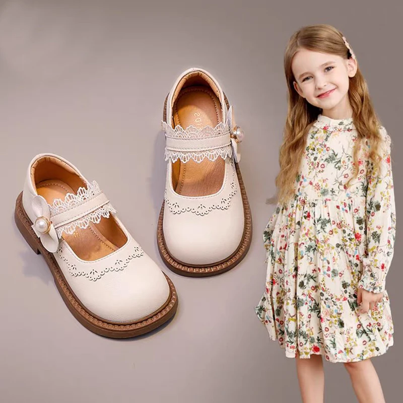 

New Girls Small Leather Shoes Soft Bottom Flats Mary Janes Children's Single Shoes Beige Fashion Versatile Children's Baby Shoes