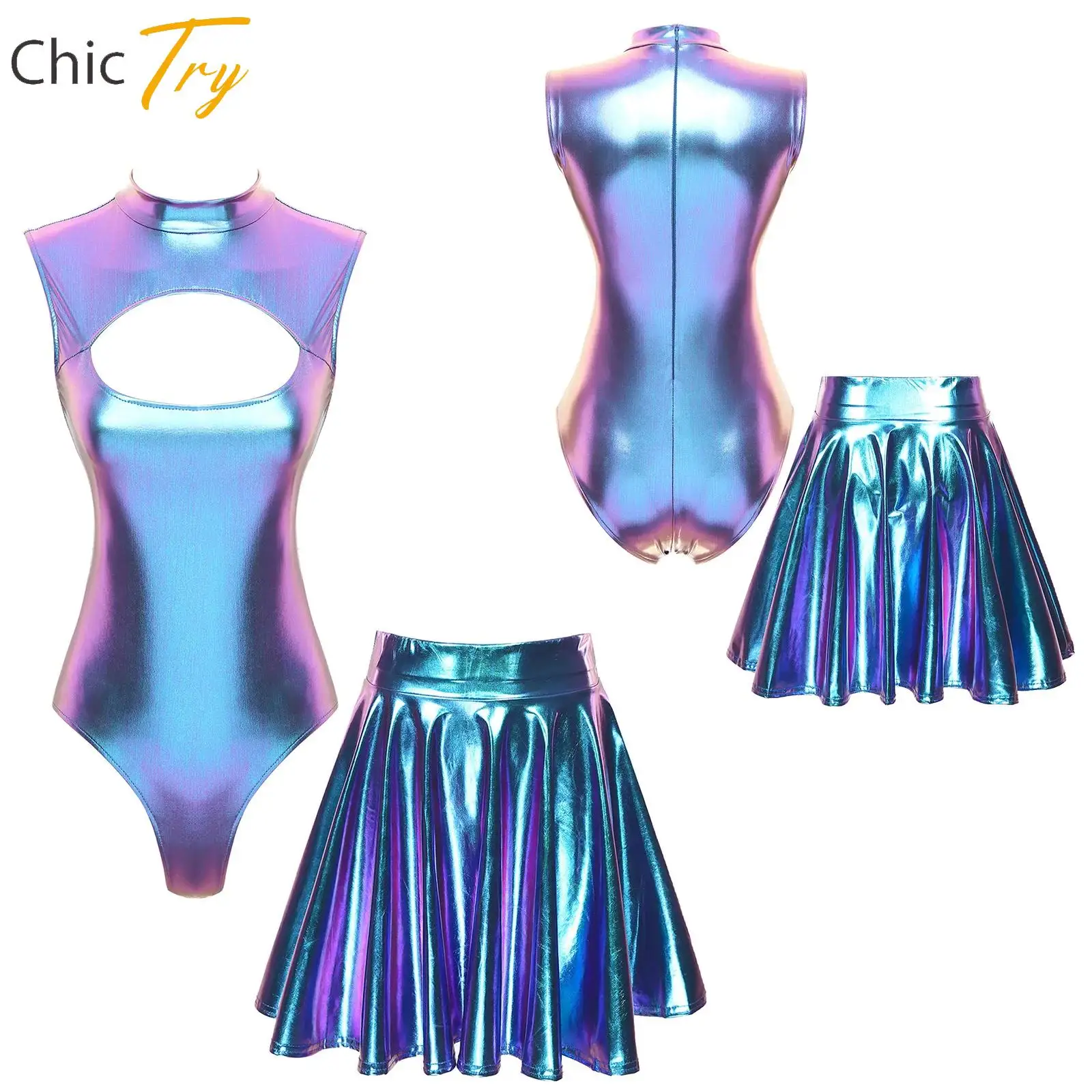 

Womens Two Piece Swimsuit Sportwear Party Nightclub Performance Costume Pool Party Sleeveless Metallic Leotards with Skirts Sets
