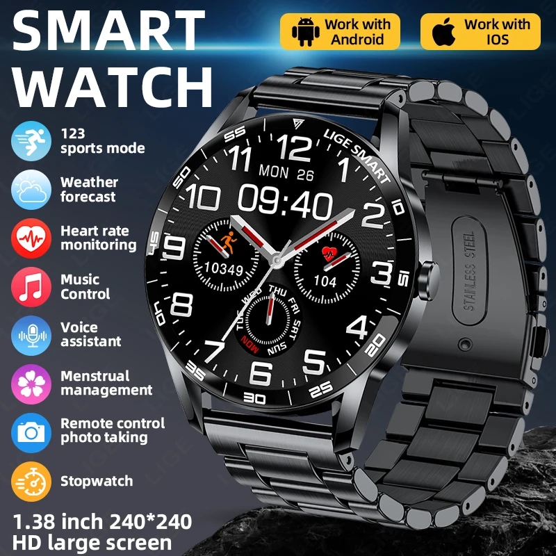

2026 LIGE Smart Watch Bluetooth Call Message Reminder Heart Rate Luxury men's watch Health Monitor Sports Waterproof Smart watch