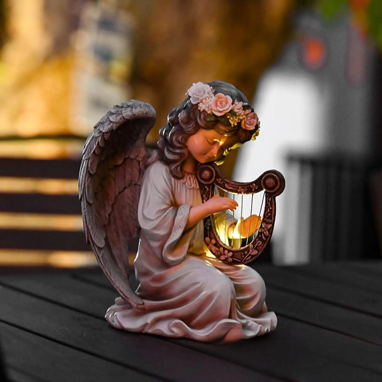 تمثال حديقة Angel Solar مقاوم للطقس مع ضوء شمسي من الراتنج مصباح ديكور للشرفة الخارجية والفناء الخلفي وممشى الحديقة #1