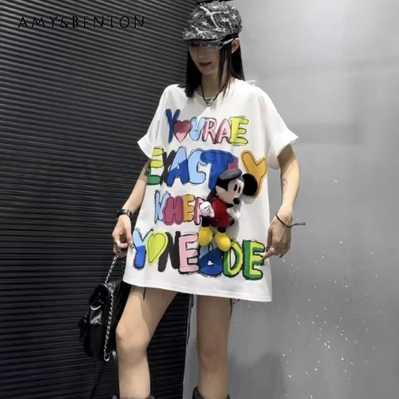 

European Style Women's T-shirt 2026 Summer New Heavy Craft Letter Applique Print Cartoon Character Design Relaxed Fit Top Tees