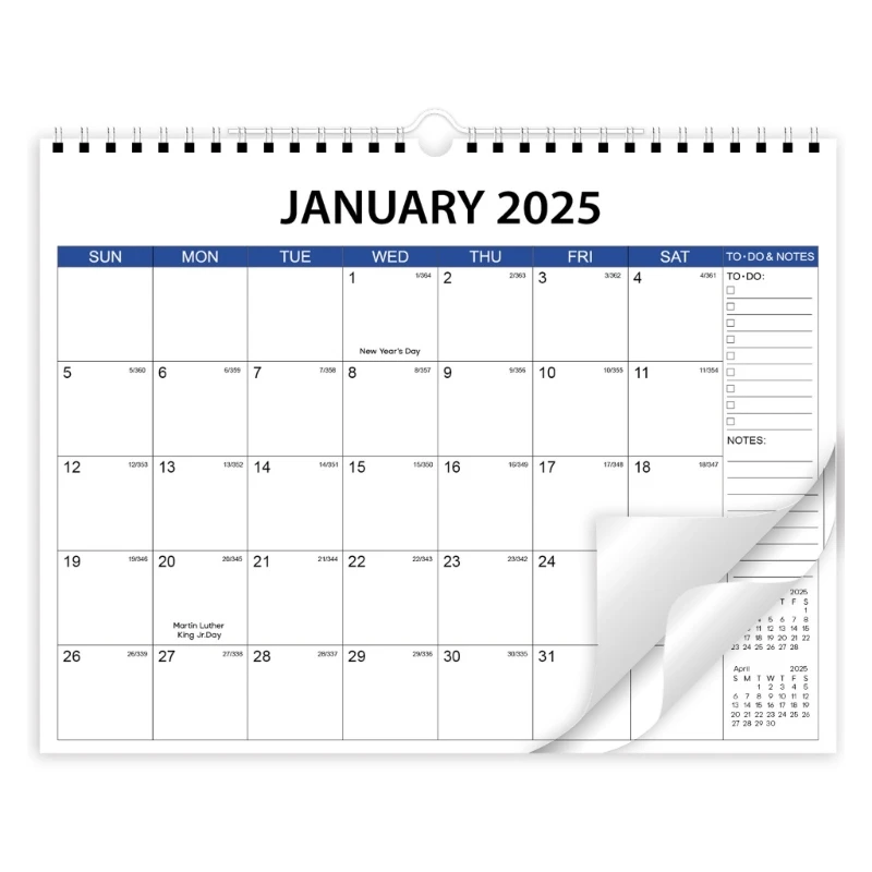 2025 Wall Calendar Runs from January 2025 to December 2025 Twin-Coil Binding Wall Monthly Calendar Unlined Daily Blocks