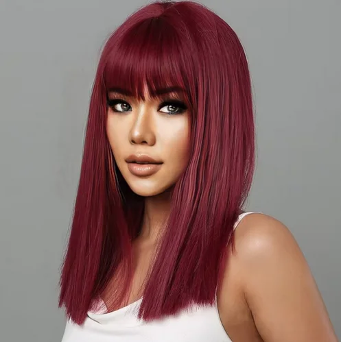 Wig wanita serat sintetis, rambut palsu lurus panjang, dengan pinggiran anggur merah, rambut panjang medium, suhu tinggi