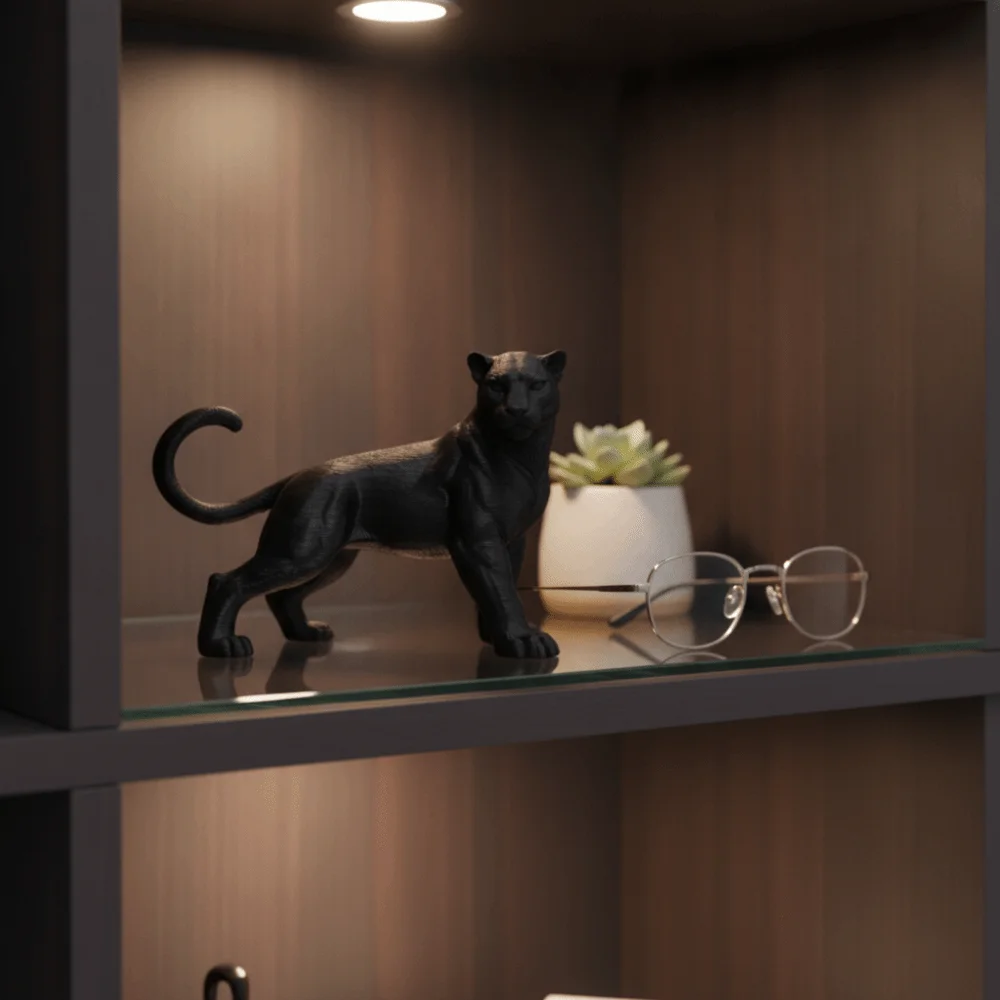 Black 3D Printing Panther Statue Standing Posture Muscular Panther Desktop Ornament Tail Up Head Turning Leopard Figure