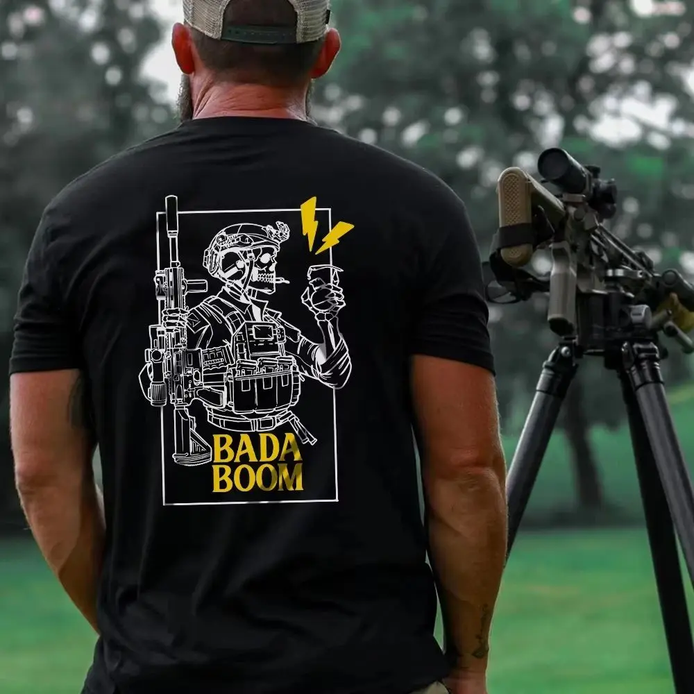 Nueva camiseta de estilo militar para hombre, camisetas de manga corta con cuello redondo y calavera de Bada Boom, ropa de tipo duro, ropa de calle táctica de verano, Tops