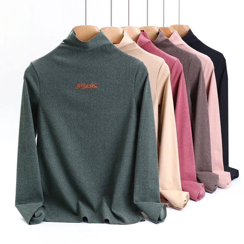 

Thiened Long Sve Base irt f Женская футболка с высоким воротником Зимняя теплая внутренняя одежда Бархатный корейский Sle Commute Faion