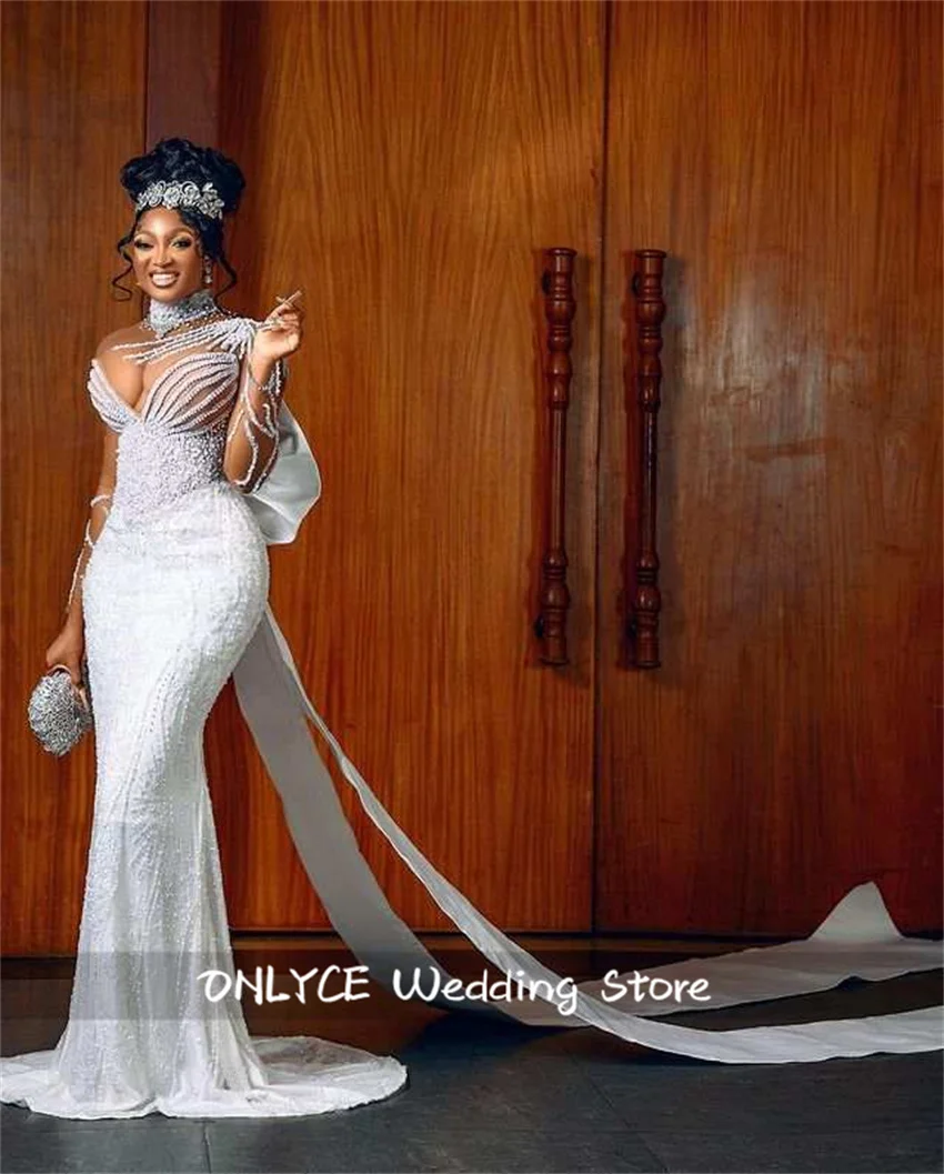 New Arrival 2024 Mermaid African Wedding Gowns With Detached Bow Mesh Sleeves Beading Pearls Luxury Robe De Mariee Custom