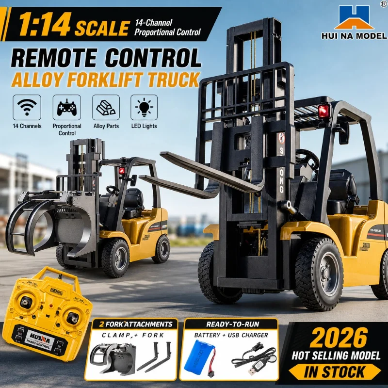 New Hot Huina 1577 Remote-Controlled Forklift 1:14 Full Scale Alloy Flatbed Truck Large Electric Engineering Vehicle Model Toy