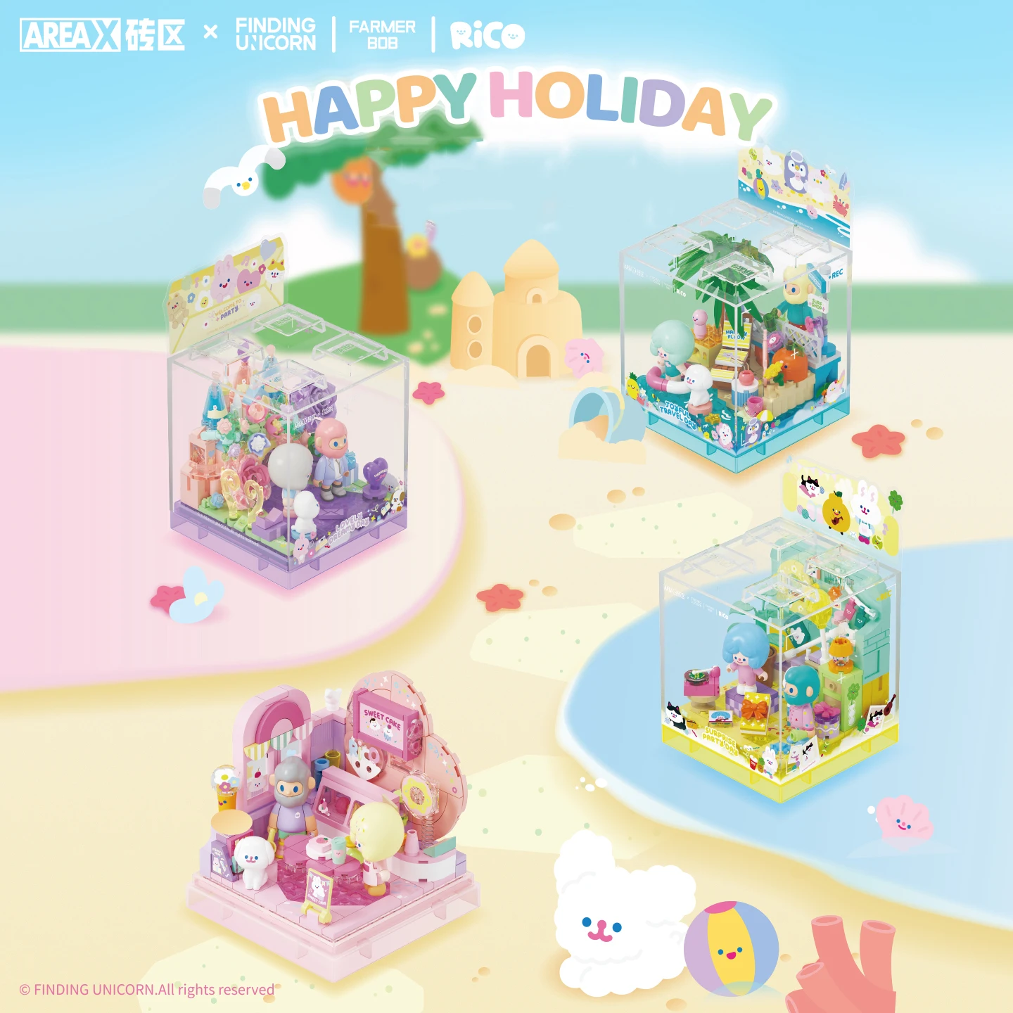 AREAX FINDING UNICORN FARMER BOB RiCO Happy Holiday Assembly Building Blocks Stack Brick Box Desktop Decoration Toys Adult Gifts