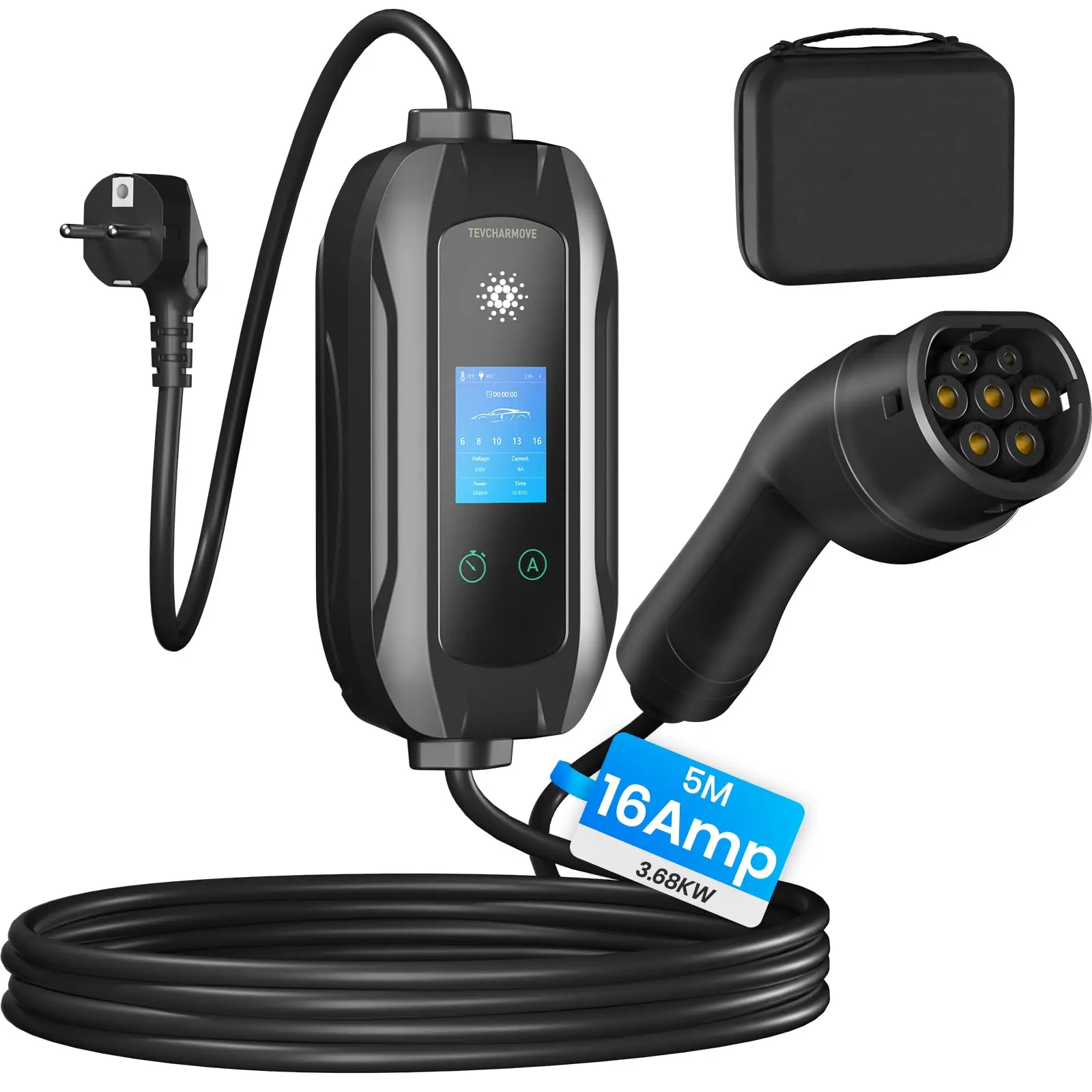Mobile Wallbox 3.68KW Typ 2 Ladekabel, 5M|1-Phasig Ladekabel mit Schuko Stecker, 6-16A Tragbare EV Ladegerät mit Einstellbarer L