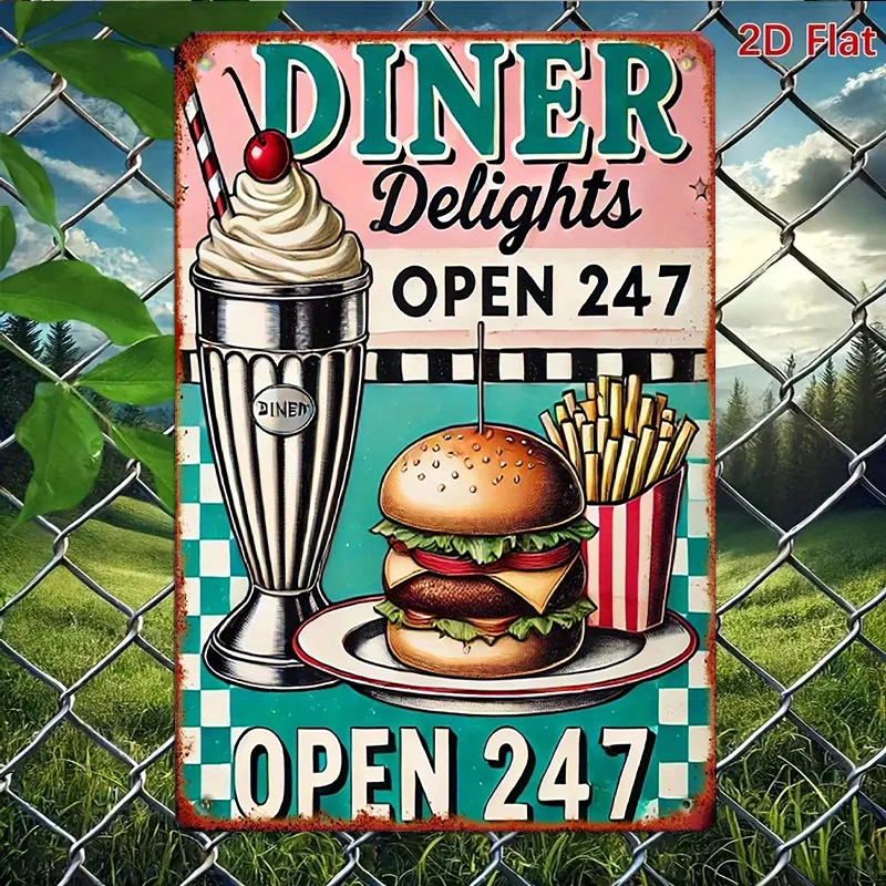 2D Flat Metal Wall Sign Featuring a Vintage American Diner Theme. This 8X12 Inch Iron Sign Is Perfect for Decorating Restaurants