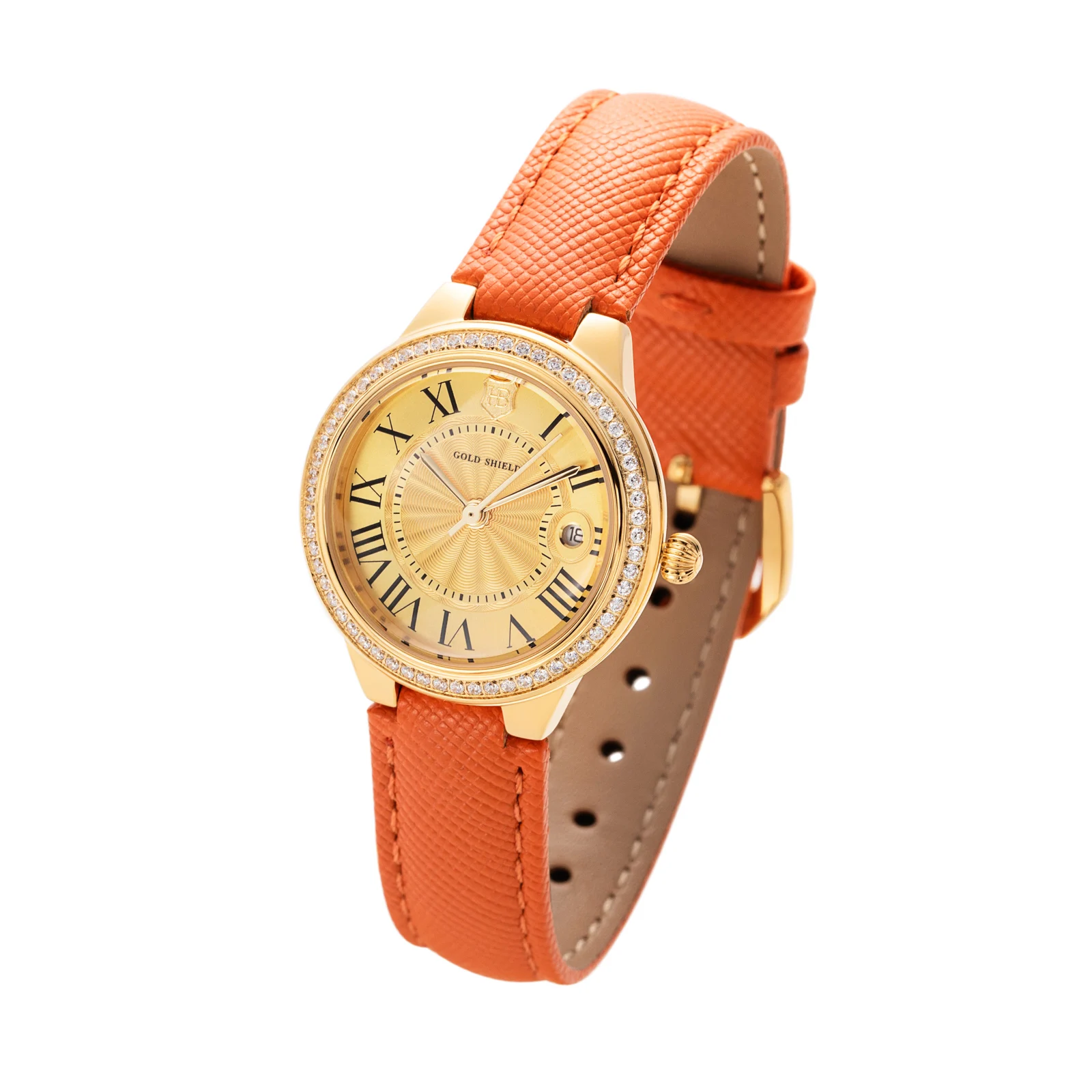 

Classic Women Quartz Watch 30mm 24K Gold Elegant Ladies Calendar Watches Orange Leather Strap Waterproof Gifts for Women