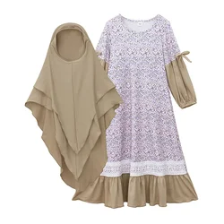 2PCS Eid Djellaba Hooded Abaya Hijab Khimar Jalabiya Muslim Kid Girl Ramadan Overhead Kaftan Islam Clothing Child Prayer Garment
