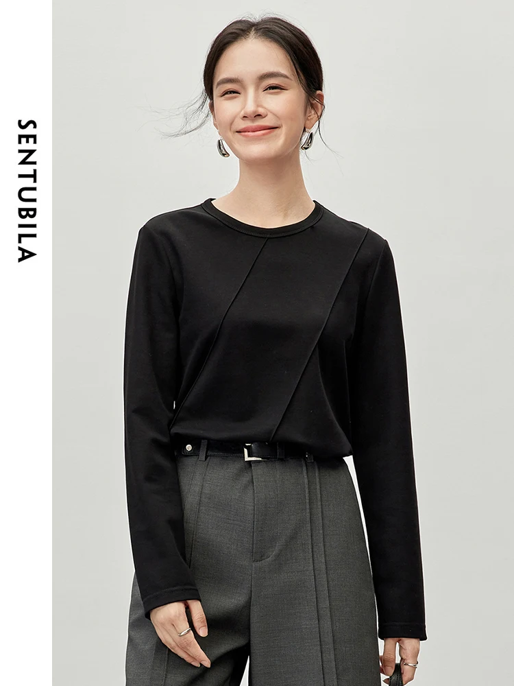 SENTUBILA Cotton Black T-Shirt Women 2025 Autumn Casual Round-Neck Long Sleeve Tops Korean Style Women's Clothing 143T55922