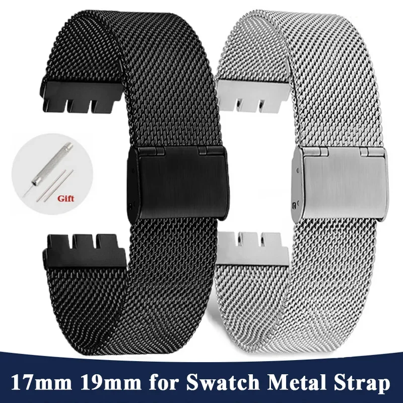 17mm 19mm 20mm Metal Strap for Swatch Replacement Bracelet Stainless Steel WatchBand Milanese Mesh Strap Black Silver Wrist Band