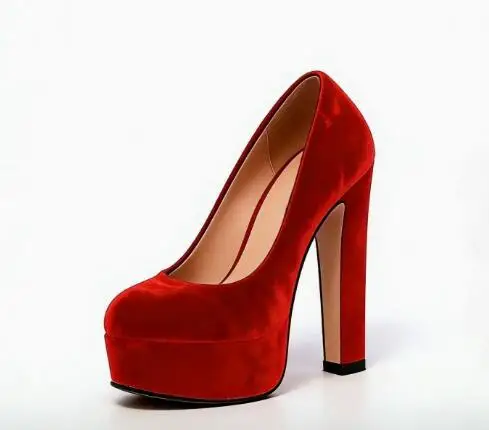 

Red Velvet Solid Round Toe Platform Block Heels Pumps Fashion Woman Shallow Slip On High Heel Shoes Party Dress Shoes Size 47