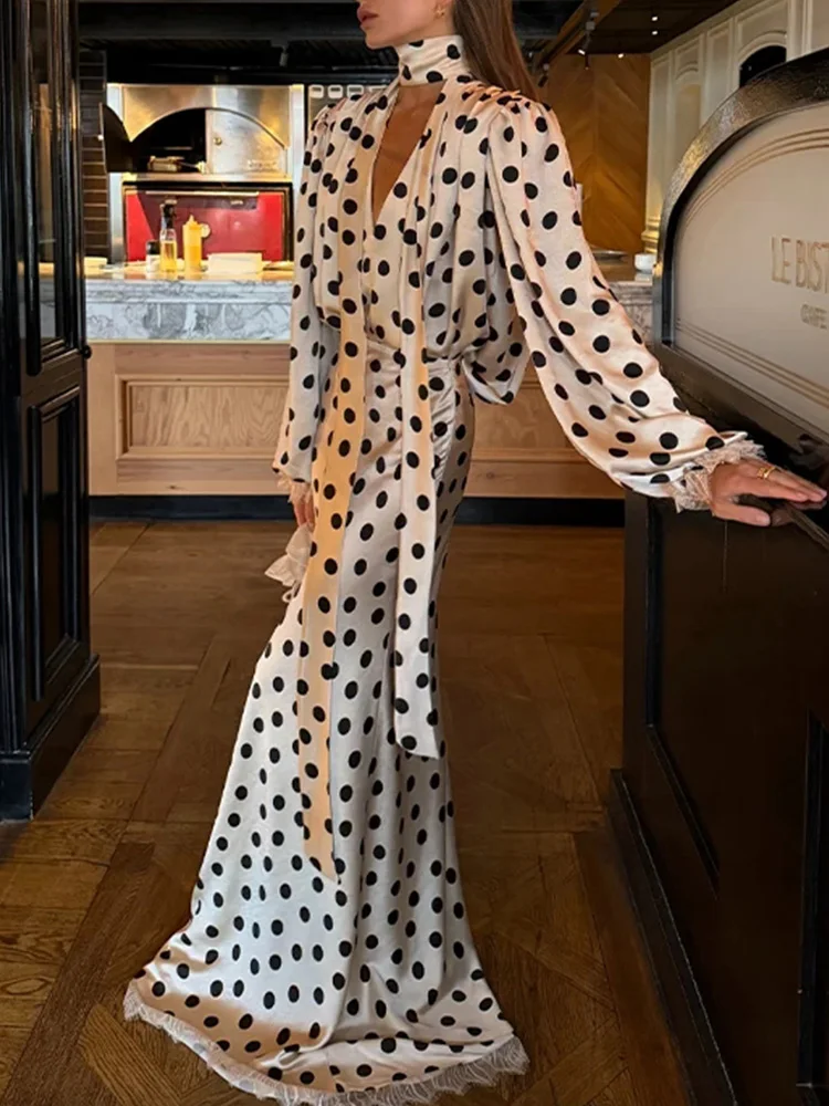 Вечерний наряд DFCF: Элегантное атласное платье макси в горошек для женщин, комплект с лентой, V-образным вырезом, длинными рукавами и поясом на талии