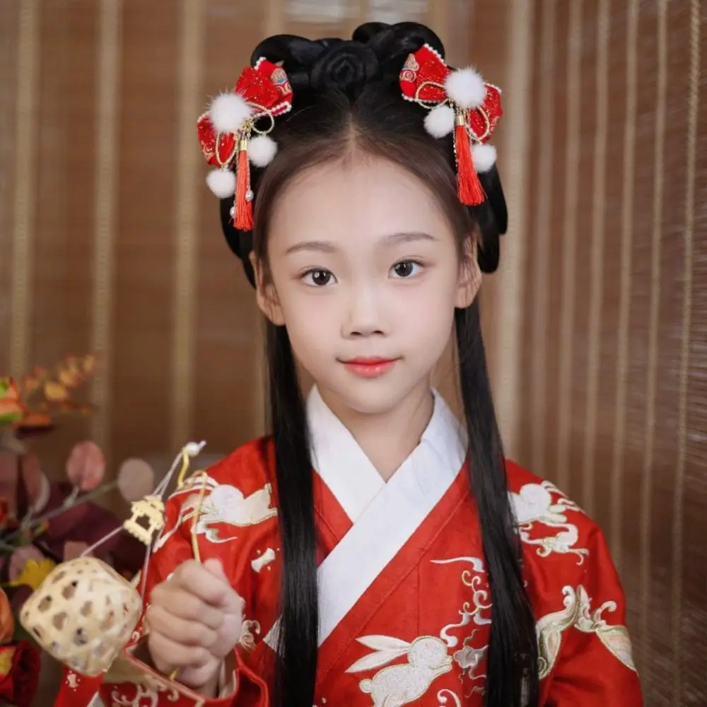 子供のための赤い弓のヘアピン,かわいいタッセル,豪華なファン,中国の新年の帽子,ウサギの弓,女の子のための古代スタイルのヘアピン