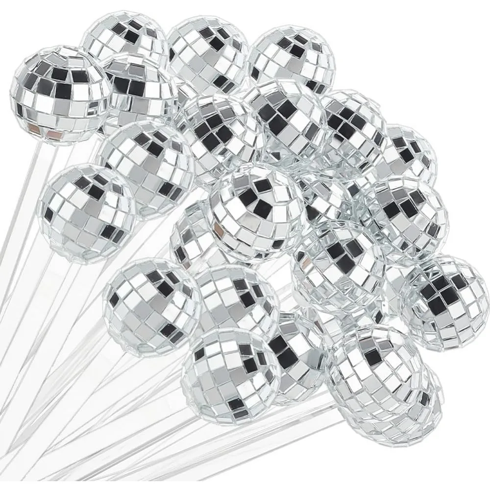 40pcs 7.4x1 Inch Disco Balls Cocktail Stirrers Silver Cocktail Disco Decorative Sticks Round Top Mirror Swizzle Sticks