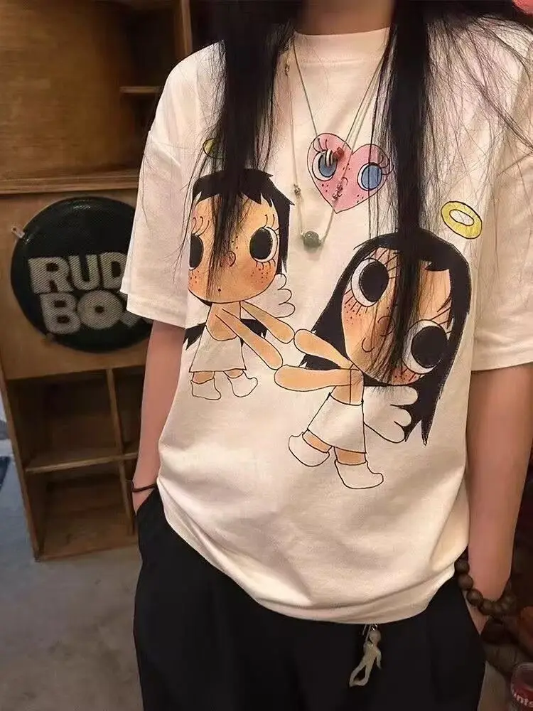 

HOUZHOU White Cartoon Graphic Print T-Shirts Women Cutecore Short Sleeve Korean Fashion Tees Oversized Casual Basic Streetwear