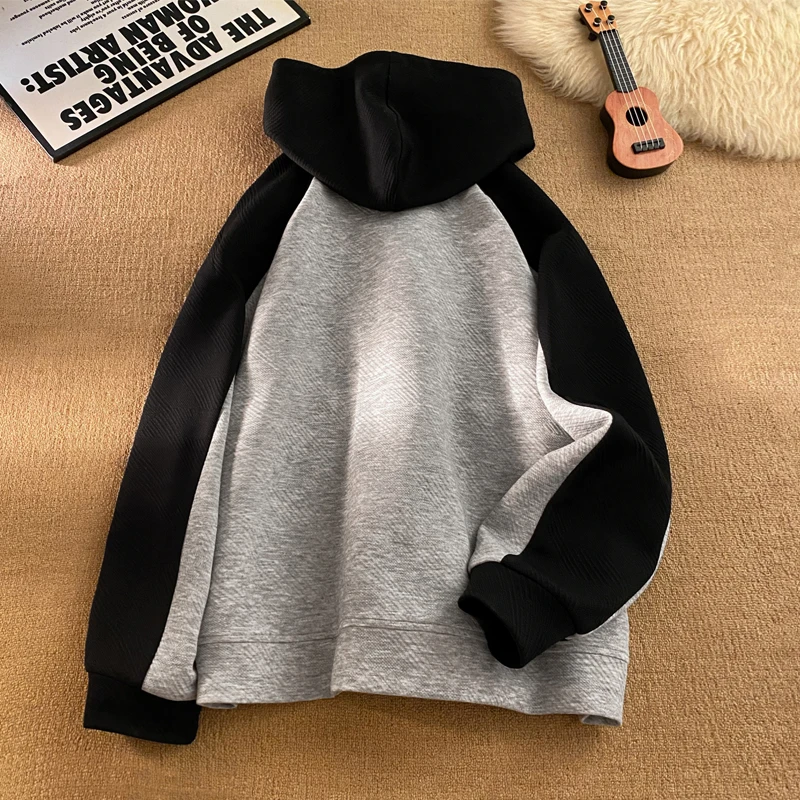 Spring Hoodie Korean Style Oversize Contrast Color Hooded Jacket Trendy Waffle Colorblock Zip Outwear Loose Fit Men Women Hoodie