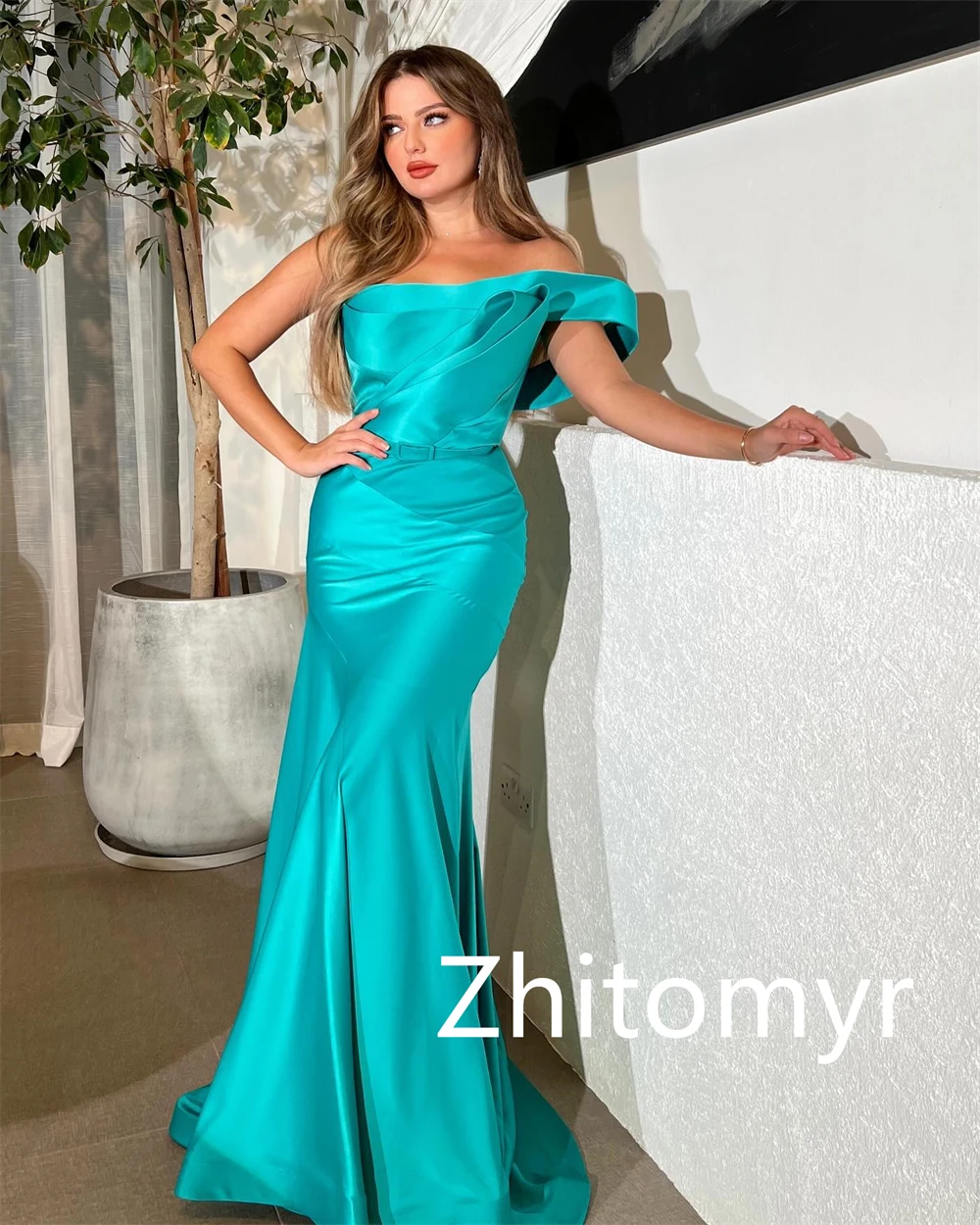 Fashion Elegant One-shoulder Mermaid Cocktail Dresses Hugging Fold Skirts Sweep/Brush Satin Evening  robes de cocktail