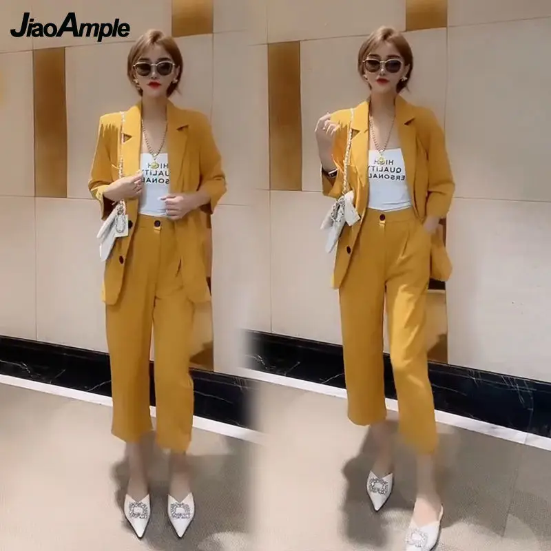 Women's Fashion Business Wear 2022 Fall New Casual Thin Suit Jacket Cropped Pants Two-Piece Korean Elegant Blazer Trousers Set