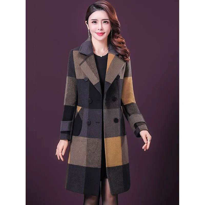 High Quality Women Woolen Coat Autumn Winter 2024 New Retro Plaid Elegant Mid-Length Slim Wool Outerwear Female Overcoat 5XL