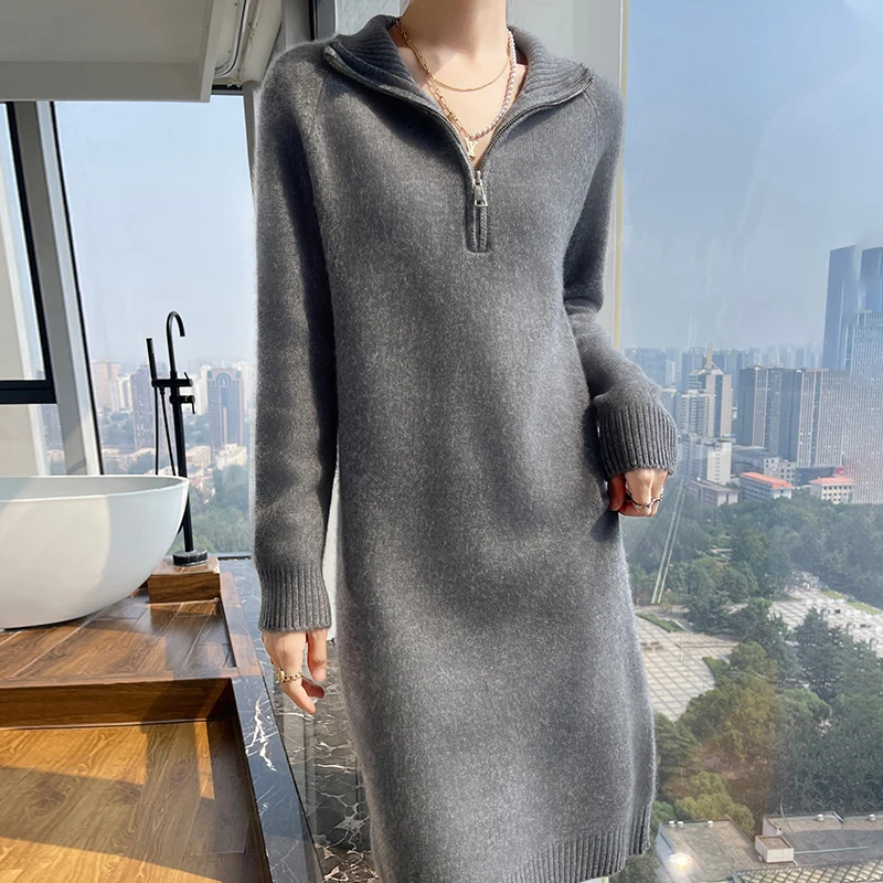 High-end zipper lapel pure cashmere sweater women's long over-the-knee sweater skirt loose lazy wind knit bottoming shirt