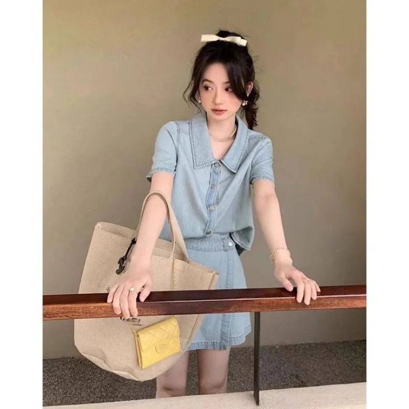 

Ladies Summer Korean Fashion Buttons Solid Color Polo Collar Tops Women Clothing Office Lady Simplicity Appear ThinTwo-piece Set