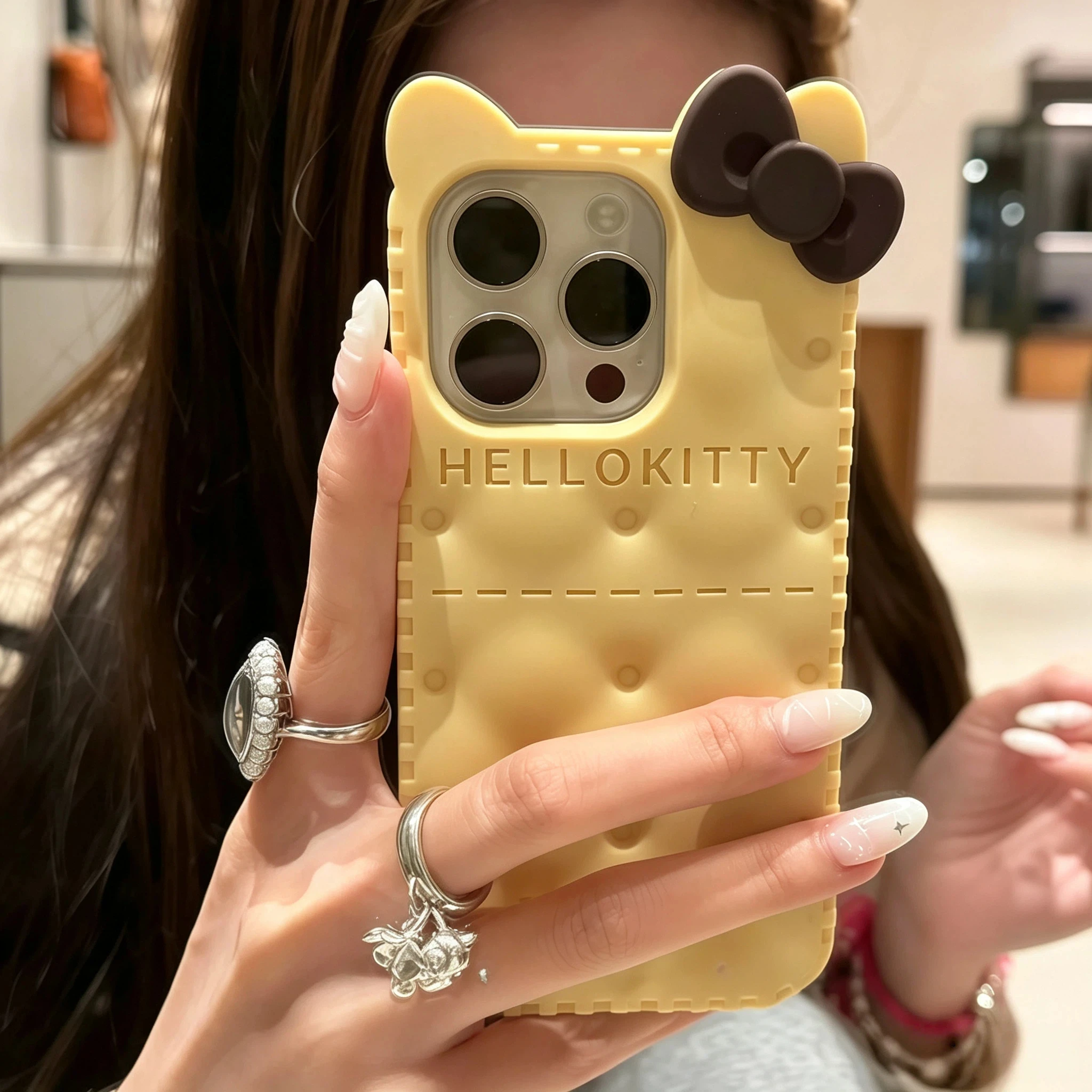 Kawaii Cookie Bow Hello Kitty Handyhülle für iPhone 12 13 14 15 16 17 Pro Max Plus Stoßfeste Weiche Silikon INS Mädchen Rückseite Schutzhülle