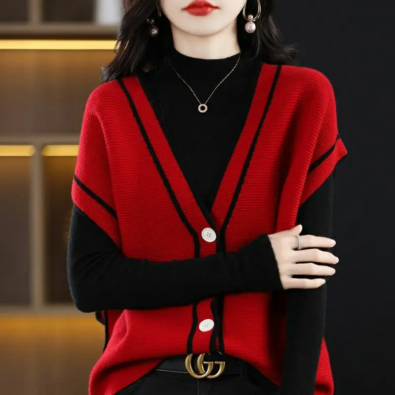 Elegant Fashion Solid Color Loose Sweater Vest Autumn Winter All-match V-Neck Single-breasted Knitted Cardigan Female Clothing