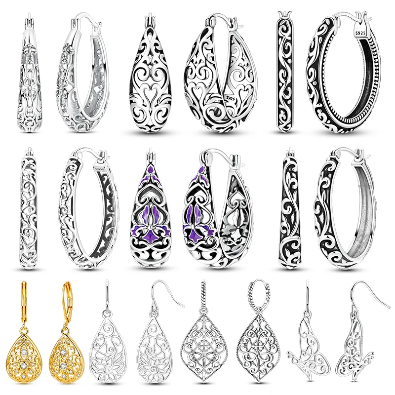 Hot Sale 925 Sterling Silver Earrings Sparking Iris Leaf Butterfly Vine Hollowed Hoop Earring For Women Girls Jewelry Gifts