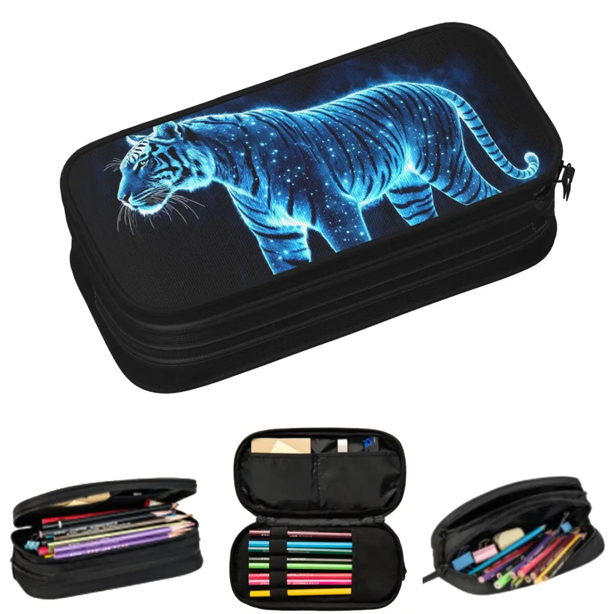 

Светящийся пенал «Синий тигр» с синим светом для школьников, большая сумка-пенал для ручек и карандашей, вместительный пенал-косметичка