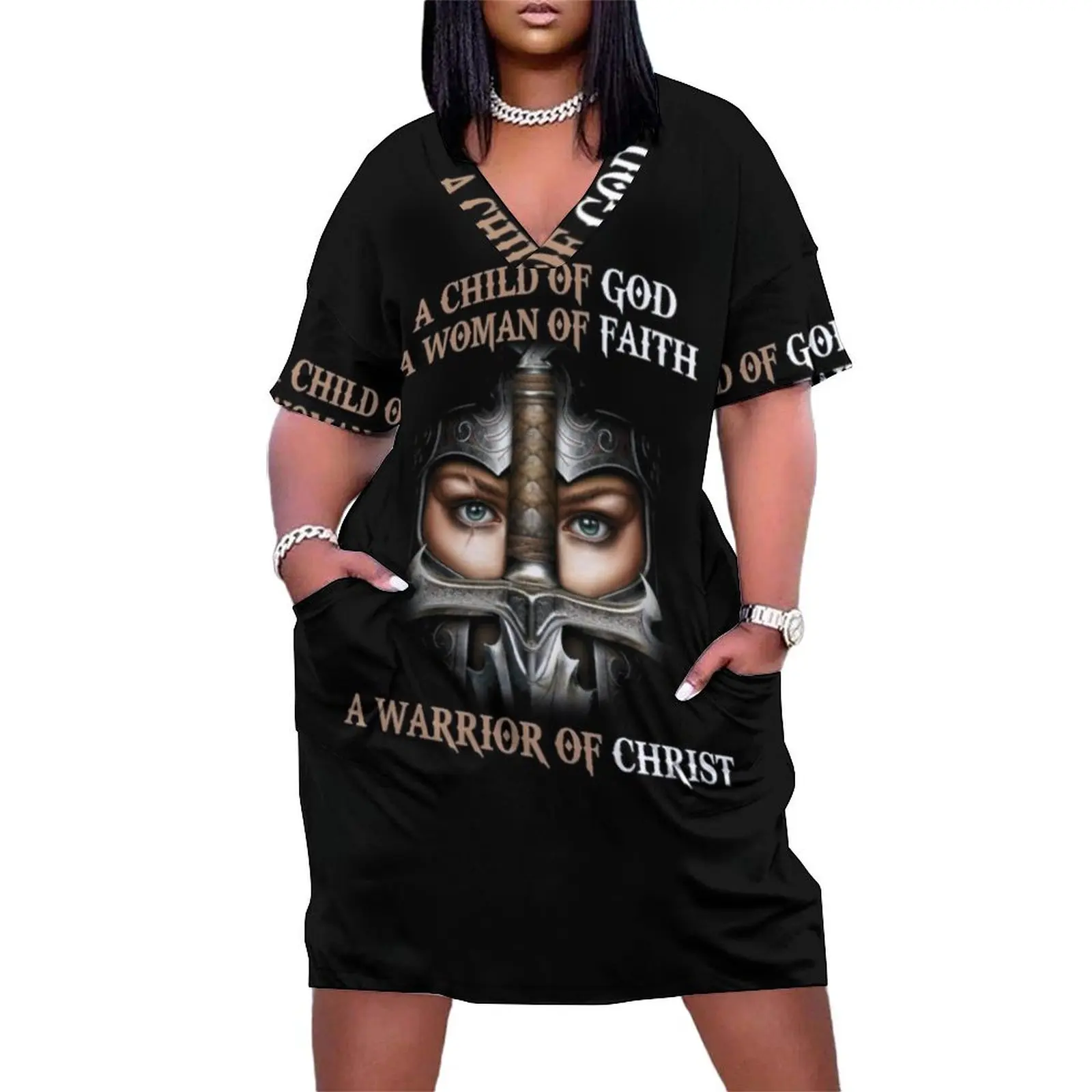 

Christian T-ShirtA Child of God A Woman of Faith A Warrior of Christ Loose Pocket Dress Long dress summer dresses for women 2024