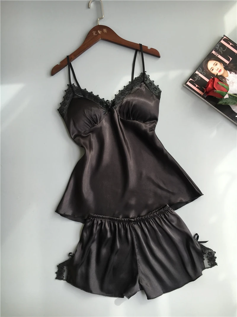 

Sexy V-Neck Pajama Set For Women Lace Trim Black Low-Cut Backless Slip Vest And Bow Decor Shorts Ideal For Lingerie Sleepwear Pj