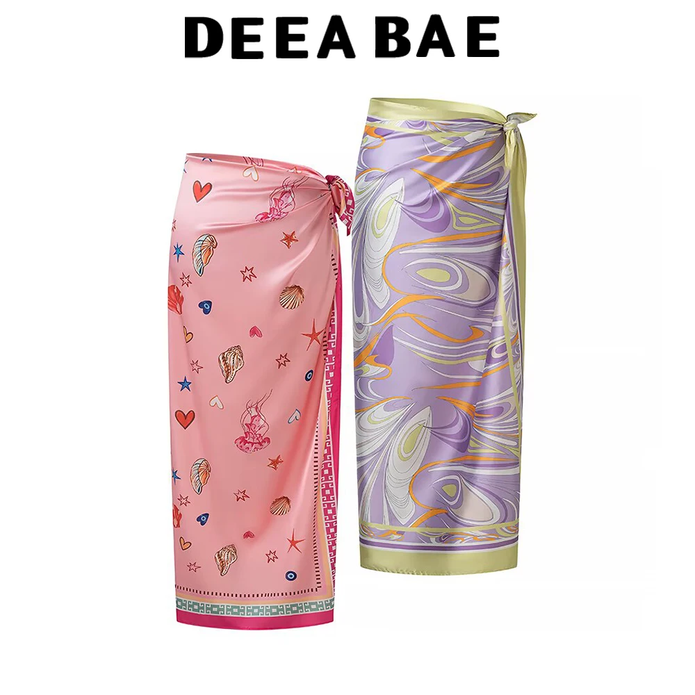 DEEABAE Summer women's beach vacation style loose fit side waist lace up long double breasted printed skirt