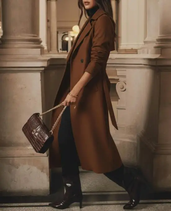 

2025 Autumn and Winter Fashion Temperament Classic British Style Lace Up Waist Cinched Woolen Coat for Women Elegant Long Jacket