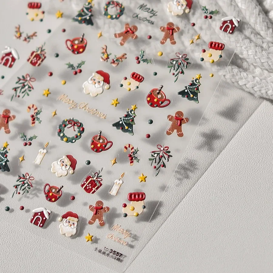 Christmas Gold Border Teddy Bear Christmas Tree Santa Claus 5D Nail Art Stickers Self Adhesive Decals Nail Art Decoration DIY