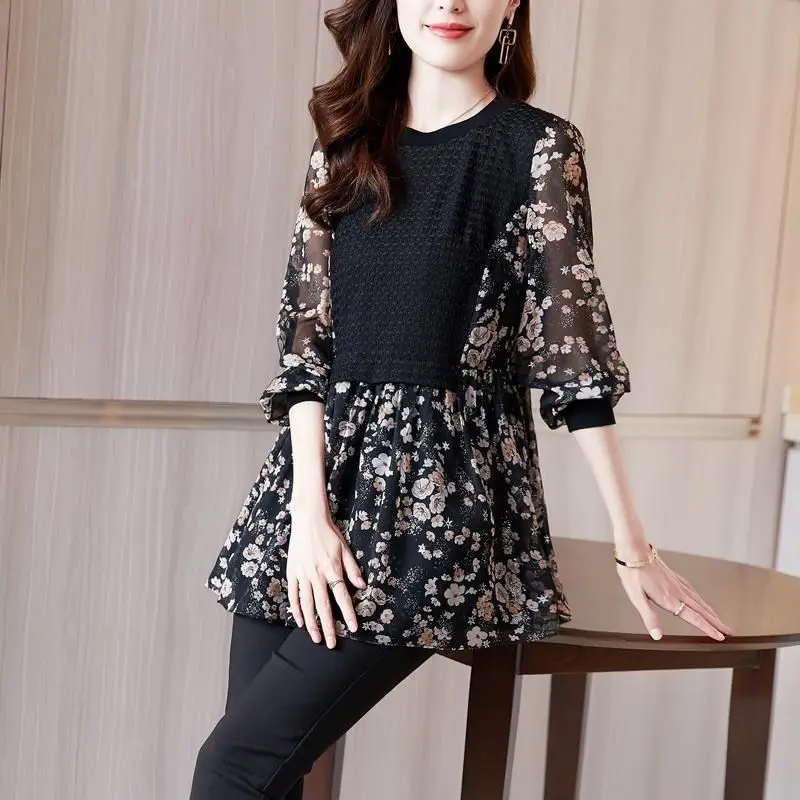 Spring Autumn New Patchwork Floral Elegant Blouse Long Sleeve Thin All-match Printing Shirt Tops Fashion Vintage Women Clothing