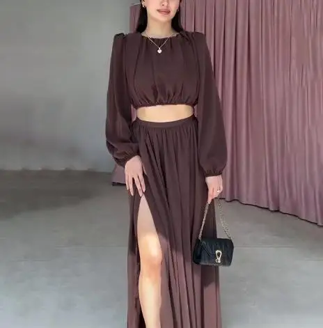 

Two Piece Set Women Outfit 2025 Spring New Solid Color Long Sleeved Round Neck Crop Top & High Waist Casual Long Skirt Set