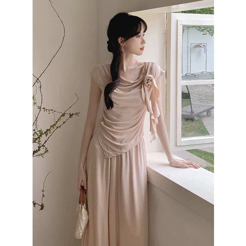 

Женский комплект из двух предметов, элегантный топ с асимметричным воротником и длинная юбка в Корейском стиле, мягкие Шикарные Длинные платья для сестры, весна-лето 2024