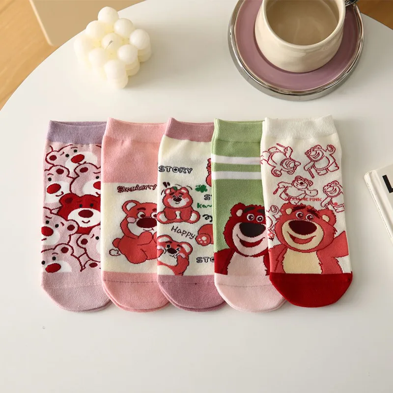 

5 Pairs Adult Disney Lotso Socks Cartoon Anime Fall Combed Cotton Socks Men And Women's Warm Short Sock Gifts Average Size