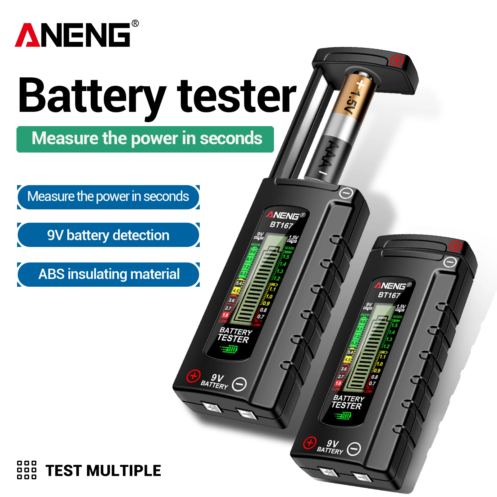 ANENG BT167 Universal Battery Tester No Power Supply Required Compatible with Multiple Models AA/AAA/9V Battery Level Detection