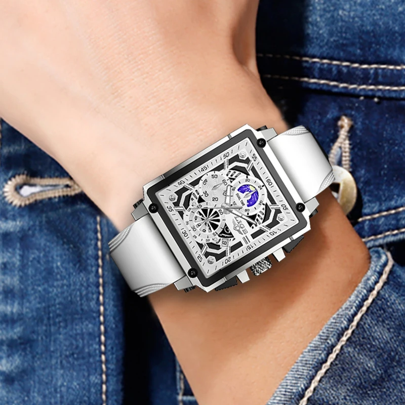 LIGE Luxo Mens Relógio Militar Esporte Calendário Relógios de Quartzo para Homens À Prova D 'Água Fase da Lua Branco Silicone Homem Relógio Cronógrafo