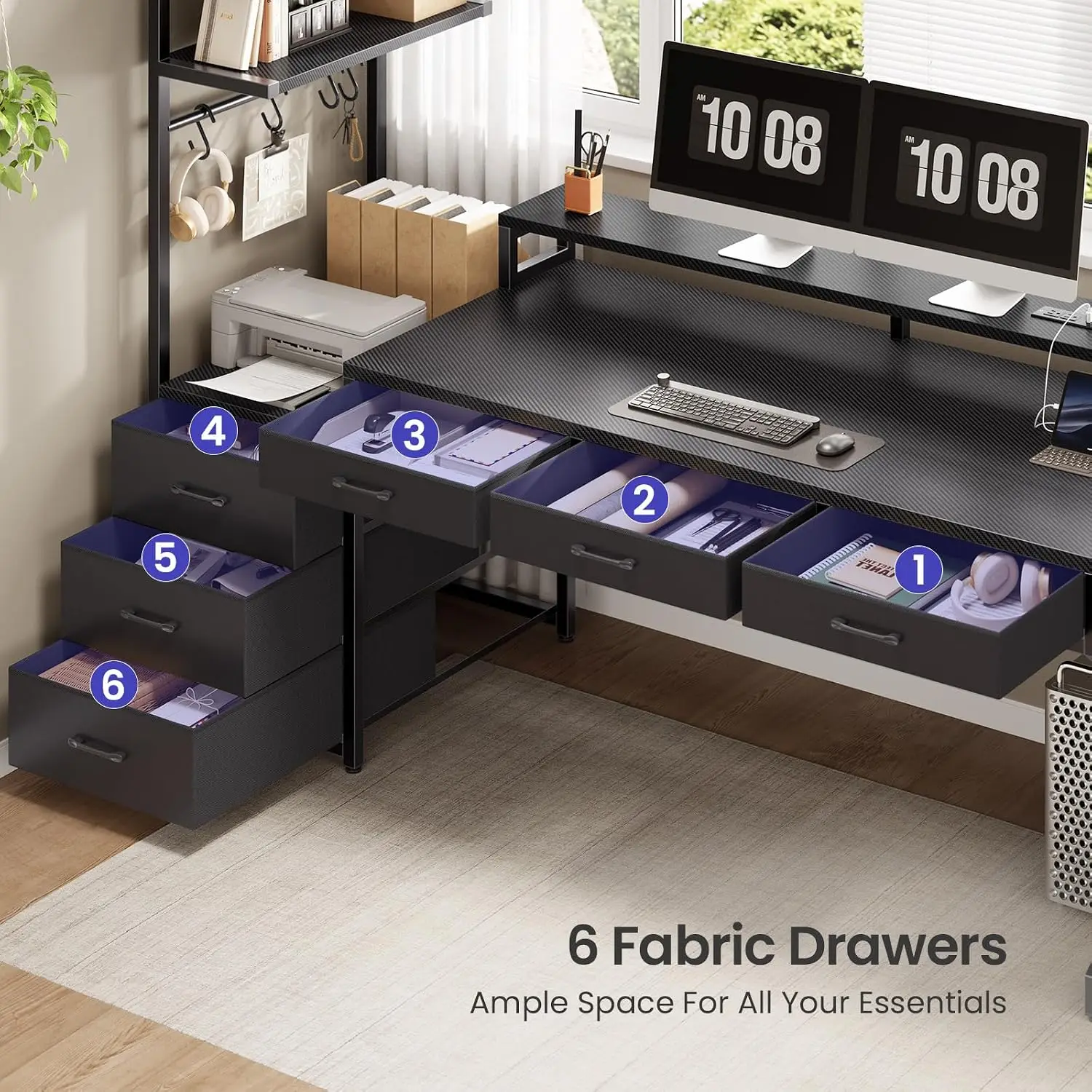55" Gaming Desk with 6 Drawers & Hutch, Reversible LED Light, Customized