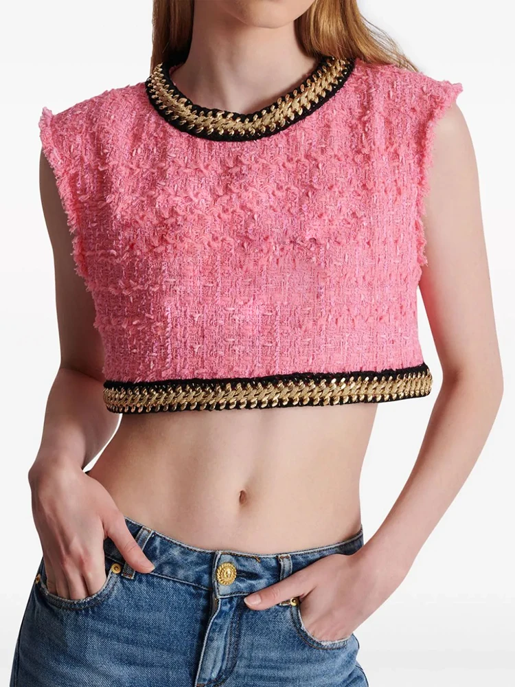 HIGH STREET Newest 2024 Runway Designer Fashion Women\'s Sleeveless Metal Chains Embellished Tweed Vest Cropped Tank Top