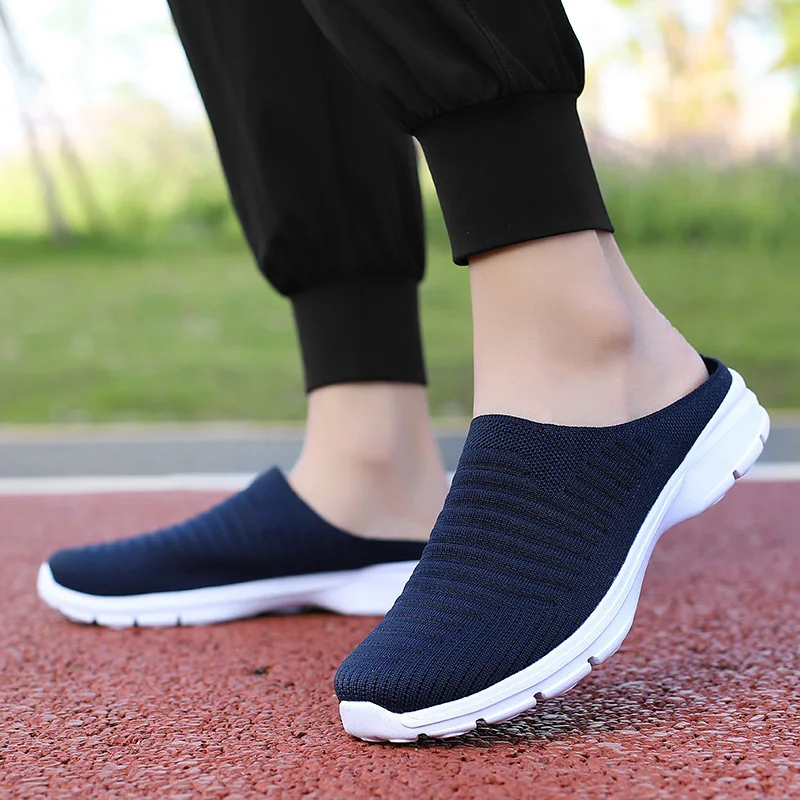 Men New Summer Mesh Casual Shoes Outdoor Breathable Half-pack Slippers Men\'s Women\'s Flat Bottom Fashion Couple Walking Shoes