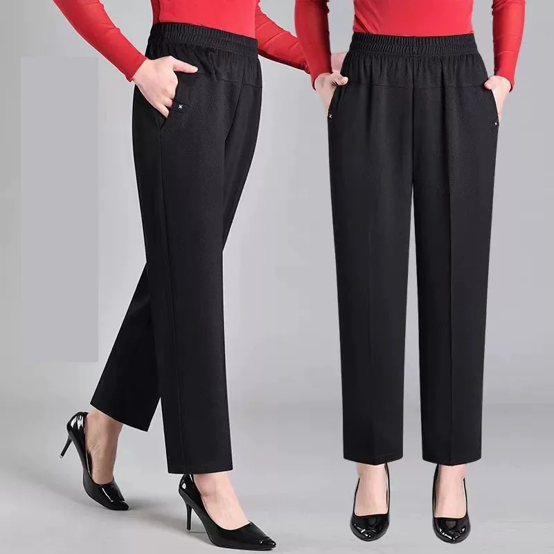 5XL 6XL 7XL 8XL Women Summer Pants 2026 New Elastic High Waist Casual Ninth Pants Middle-aged Elderly Female Straight Mom Pants